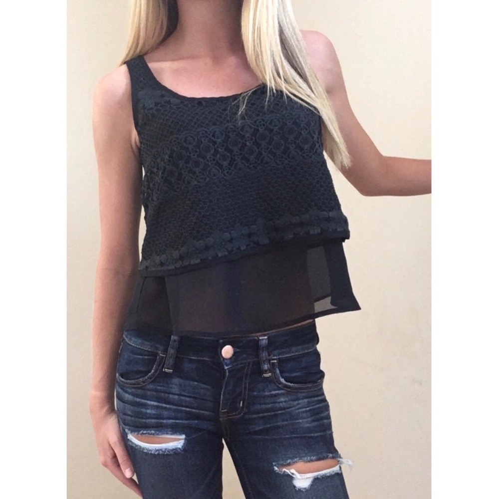 ISSI Women‎ Black Lace Layered Sleeveless Tank Top Scoop Neck T12051 Medium